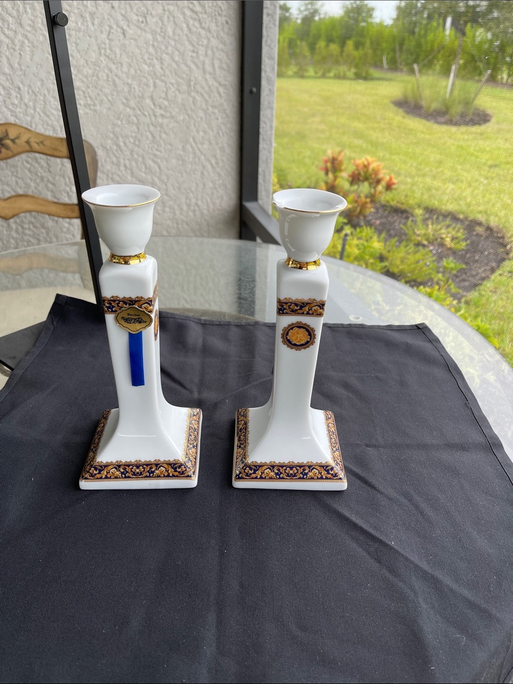 White Porcelain Candlestick Pair with Gold and Blue Trim